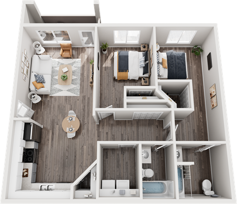 Floor plan for 2 beds, 2 baths, 1052 sqft